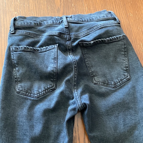 AGOLDE black distressed mid rise stretch straight leg jeans w/ raw cut out cuffs - Picture 10 of 16